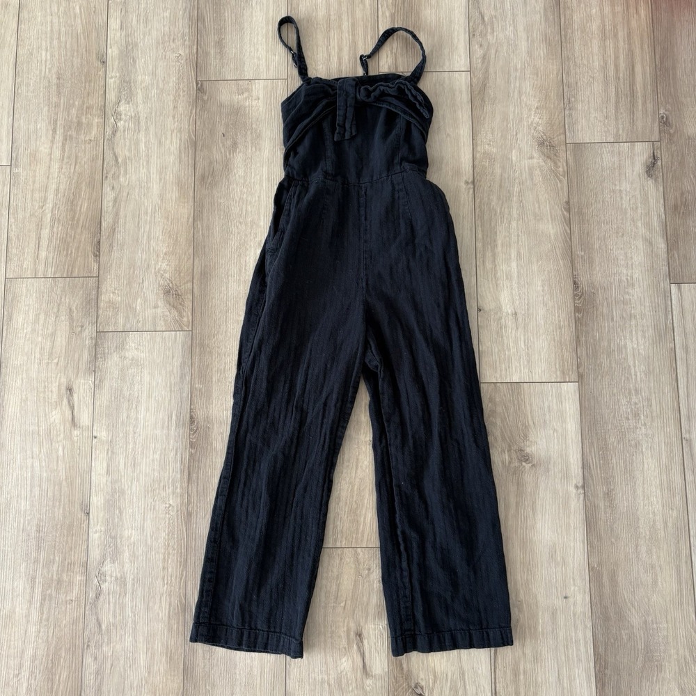 Abercrombie Fitch Jumpsuit Womens Small S Black Smocked Button‎ Wide Leg Linen